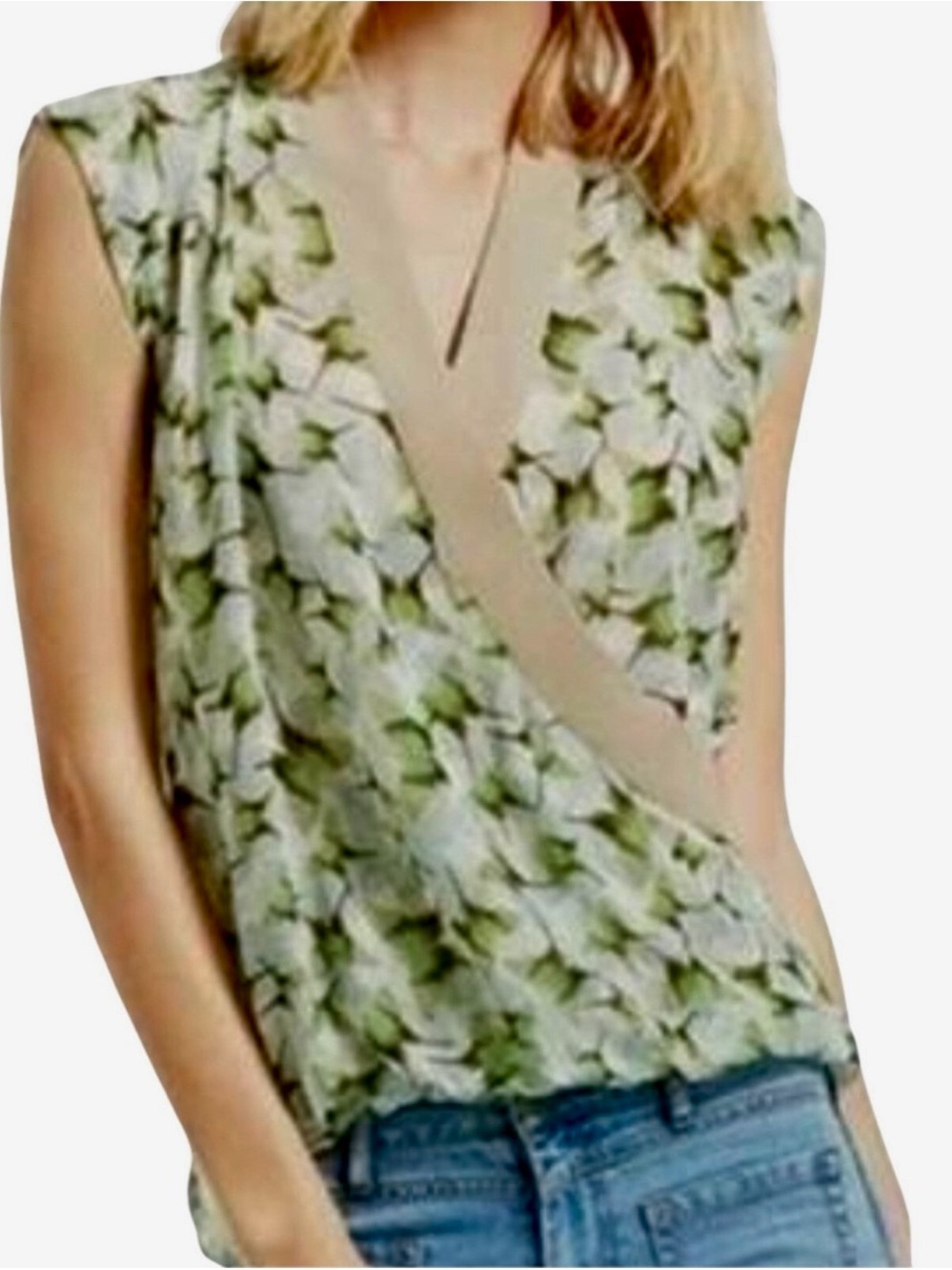 CAbi Sheer Green Blue Butterfly Faux Wrap-Style Sleeveless Blouse